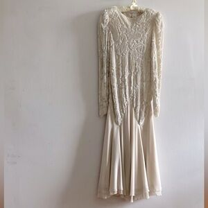 Vtg Bergdorf Goodman Ivory Bridal Midi Gown in Silk & Velvet Burnout Sz S